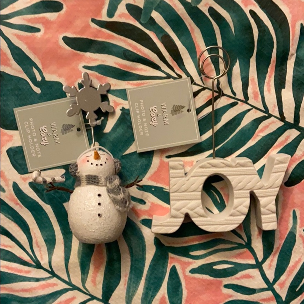 Set of 2: Photo & Note Clip Holder Snowman & JOY Holiday Christmas Notes NWT